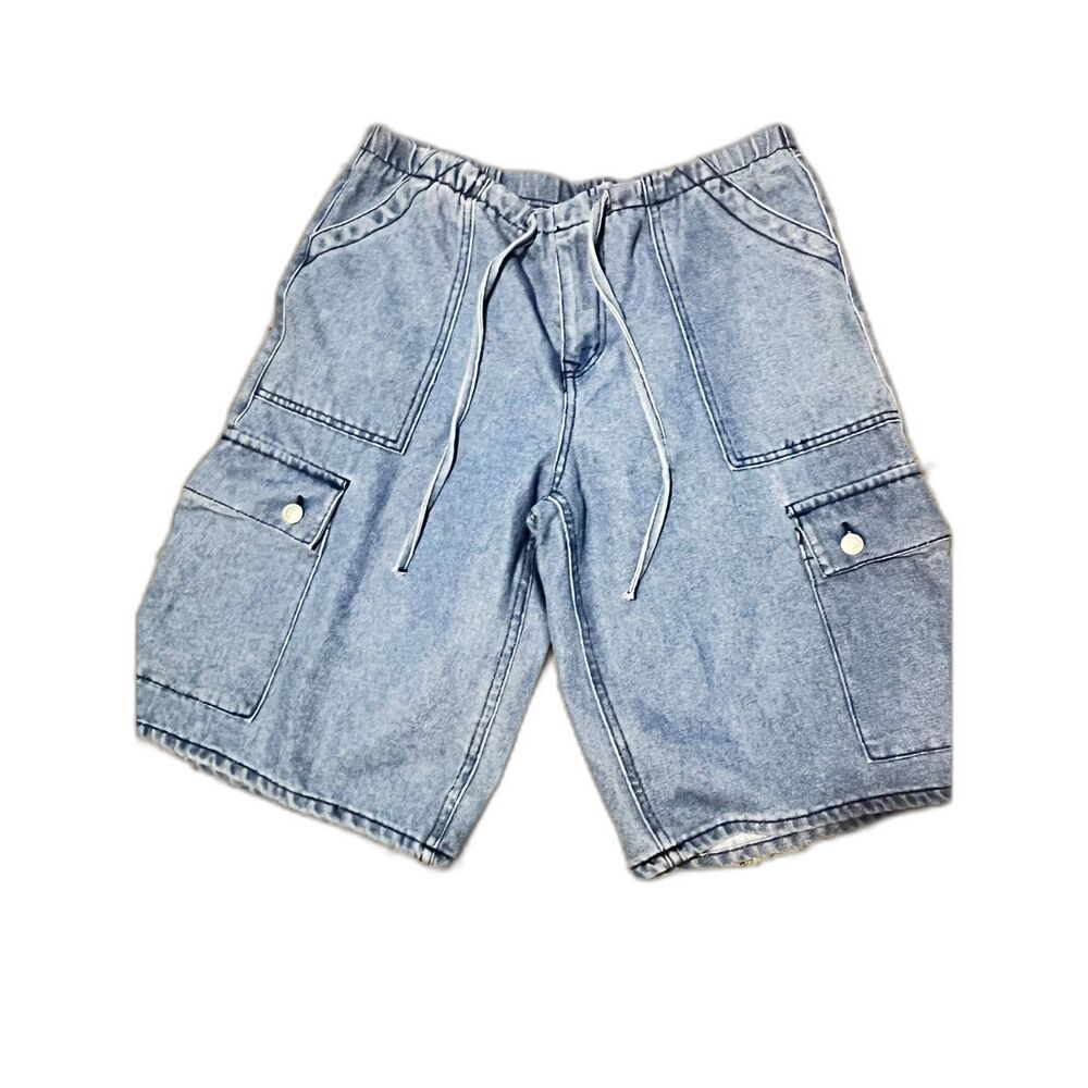 Women's Cargo Shorts Size M Blue Drawstring Elastic Hem Utility Pockets